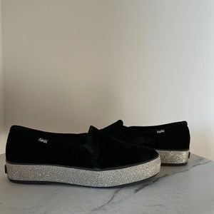 Keds Black Velvet Crystal Embellished Slip On Sneakers